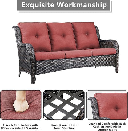 Rilyson Outdoor Patio Wicker Furniture Set - 5 Piece Rattan Patio Conversation Sectional Sofa Set with 1 Couch,2 Armchairs,2 Ottomans for Porch Deck Garden(Brown/Red)