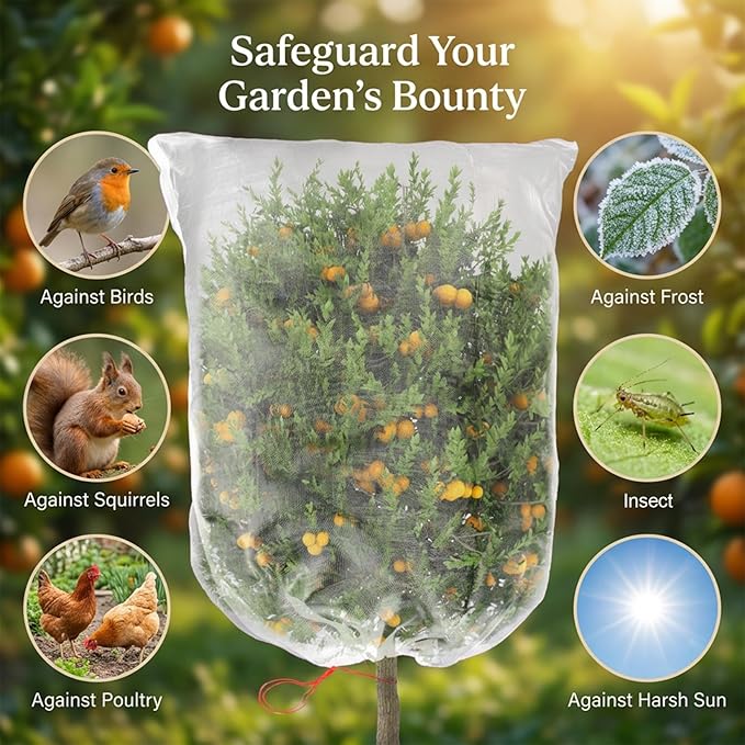 Bird Netting for Garden Protection - Sukh 3.5 x 4.6 FT Blueberry Bush Netting Covers with Drawstring Fine Mesh Plant Pest Barrier for Fruit Trees, Tomato, Strawberry, from Birds & Cicadas (1 Pack)