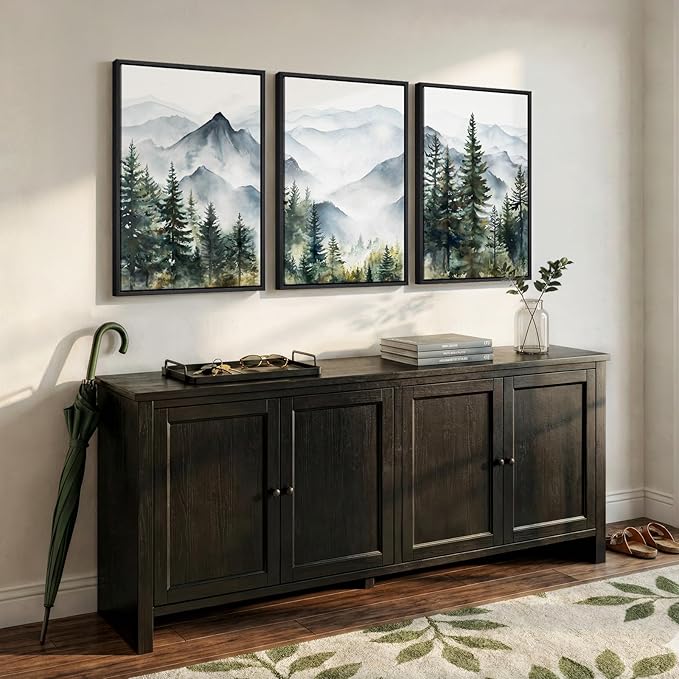 Framed Mountain Landscape Wall Art Bedroom, 3 Piece Nature Foggy Forest Canvas Print Artwork for Walls, Scenic Pine Tree Paintings Pictures Wall Art Decor for Living Room Hallway, 16x24 Inch