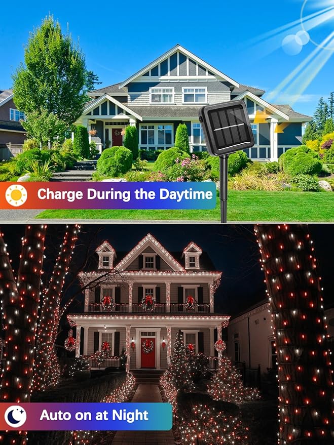 4 Pack Red and White Solar Christmas Lights Outdoor Waterproof, 132FT 400LED Solar String Lights Green Wire Fairy Lights, Solar Twinkle Lights with 8 Lighting Modes for Xmas Garden Decorations
