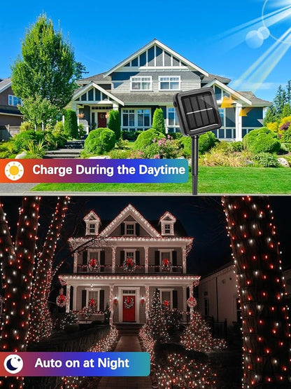 4 Pack Red and White Solar Christmas Lights Outdoor Waterproof, 132FT 400LED Solar String Lights Green Wire Fairy Lights, Solar Twinkle Lights with 8 Lighting Modes for Xmas Garden Decorations