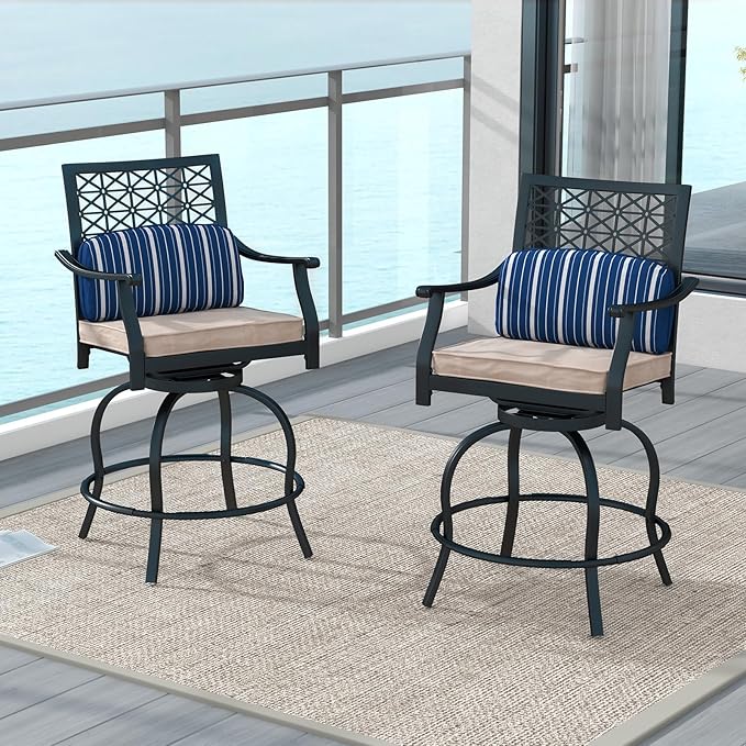 COSTWAY Outdoor Bar Chair Set of 2, 24.5 Inch Swivel Counter Height Bar Stools with Footrest, Seat Cushions & Lumbar Pillows, Metal Dining Bar Chairs for Patio, Backyard, Poolside (2)