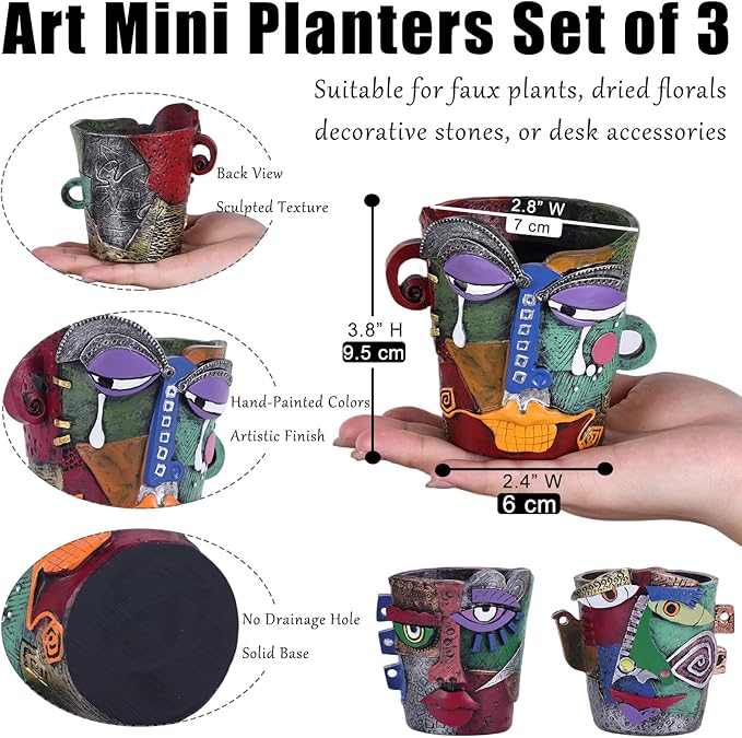 Funny Abstract Art Face Mini Planter Pots Set of 3, Unique & Colorful Hand-Painted Resin Succulent Pots for Indoor Decor, Shelf, Desk, Windowsill