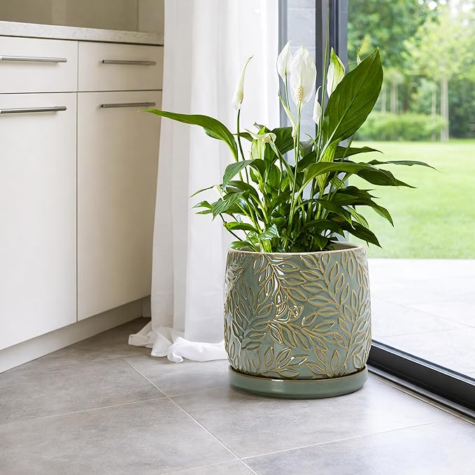 D'vine Dev 8 Inch Embossed Leaves Stoneware Planter Pot with Drainage Hole and Saucer, Olive, 27-A-Q-0