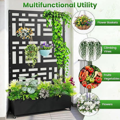 Nexum Metal Planter Box with Trellis & Wheels, 71"x47"x16" Planter Boxes Outdoor with Drainage Holes, Privacy Planters for Patio, Balcony, Backyard, Poolside