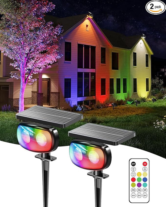 Solar Spot Lights Outdoor Waterproof IP68, RGB Colors Changing Solar Lights with 4 Lighting Modes, Solar Powered Lights Outdoor for Garden Yard Outside Landscape (2Pack)