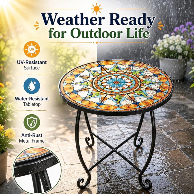 Set of 2 Mosaic Outdoor Side Tables Round, 15 Inch Height - Small Patio Table Set, Foldable Sun Pattern Metal Plant Stands for Garden, Balcony & Yard (Mosaic Sun, 2 Pack)