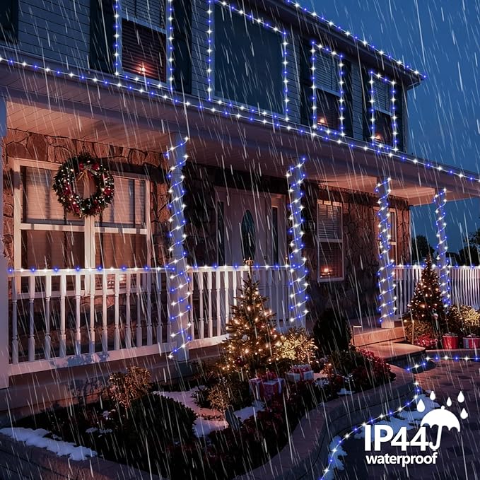 YEGUO Solar Christmas Lights Outdoor Waterproof, 2 Packs Each 33ft 100 LED Rope Lights, 8 Modes Fairy String Lights in Clear Thin Tube for Camping Fence Patio Garden Trampoline Deck(Blue and White)