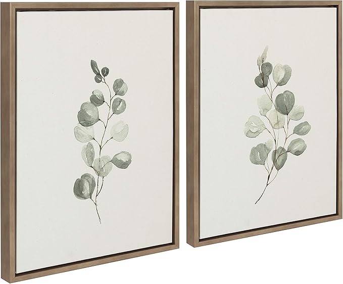 Kate and Laurel Sylvie Eucalyptus Framed Linen Textured Canvas Wall Art Set by Maja Mitrovic of Makes My Day Happy, 18x24 Gold, Decorative Botanical Art for Wall