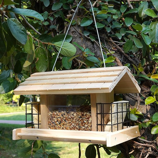 Wooden Bird Feeder for Outdoors Hanging Mount Large Capacity, Pine Garden Roof Feeder with 2 Suet Cages, Cardinal Bluebird Birdfeeder for Garden Decoration Yard, Weatherproof Durable