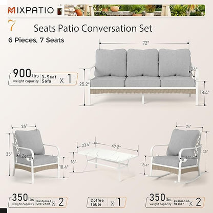 6 Piece Patio Furniture Set, 2 x Fixed Chair, 2 x Rocking Chair, 1 x 3-Seat Sofa with Marbling Coffee Table, 7 Seats Outdoor Conversation Set for Lawn Garden Backyard, Light Gray