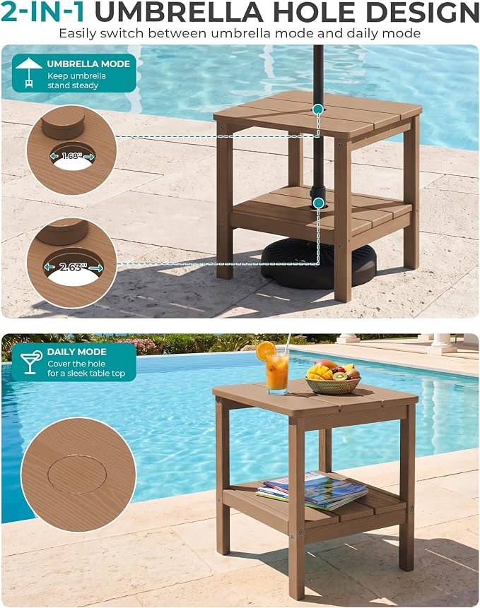 SERWALL 2-Tier HDPE Outdoor Side Table, Weatherproof Rectangular Adirondack Side Table, Brown