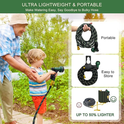 Garden Hose Non-Expandable 50 ft, Lightweight Flexible Water Hose with 10 Function Spray Nozzle, Outdoor Leak Proof, Kink-Free, Portable Hose for Yard, Lawn, Camper, High-Density Fabric, Black Green