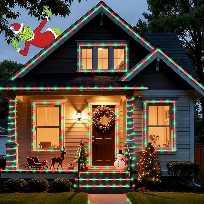 YEGUO Solar Christmas Lights Outdoor Waterproof, 2 Packs Each 33ft 100 LED Rope Lights, 8 Modes Fairy String Lights in Clear Thin Tube for Camping Fence Patio Garden Trampoline Deck(Red and Green)
