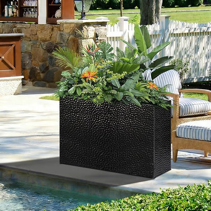 Tall Planters for Outdoor Plants - Hand-Hammered Metal Large Rectangular Block Planter Box with Drainage Holes, Modern Planters Indoor Outdoor Flower Plant Pots Patio Yard Front Porch Deck,32x12x24"
