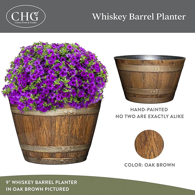 Classic Home and Garden Whiskey Barrel Planters - Wooden Finish Flower Planter Pot - Stylish Garden Pots - Indoor & Outdoor Resin Planters - Weather-Resistant Planting Pots (20.5" Oak Brown, 1-Pack)