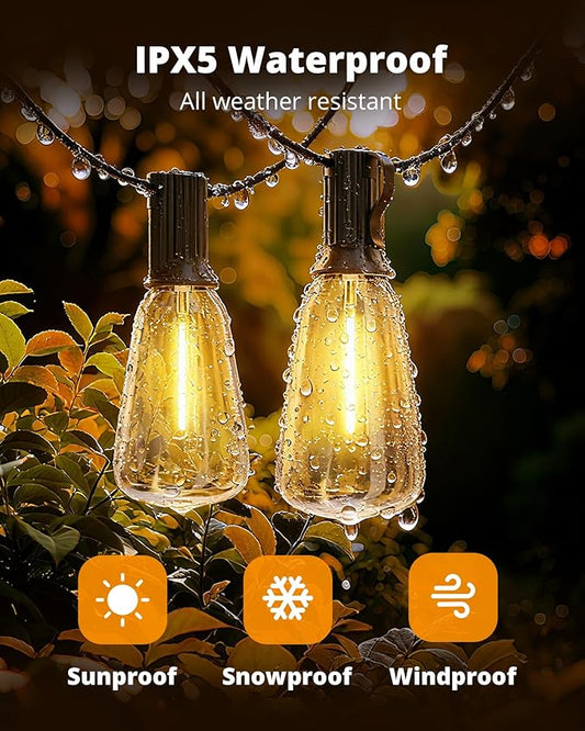 VIPAR LED Outdoor String Lights, 100FT Patio Lights with 32 Edison Shatterproof Bulbs, IPX5 Waterproof Outside Hanging Light Connectable for Backyard Porch Balcony Garden Deck Decor, E12 Base, Black