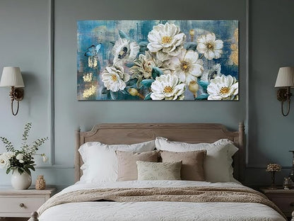 Arjun Flower Canvas Wall Art for Bedroom White Elegant Teal Picture, Textured Floral Magnolia Aesthetic Painting Living Room Wall Decor Turquoise Large Artwork Dining Room Home Office 48"x24"