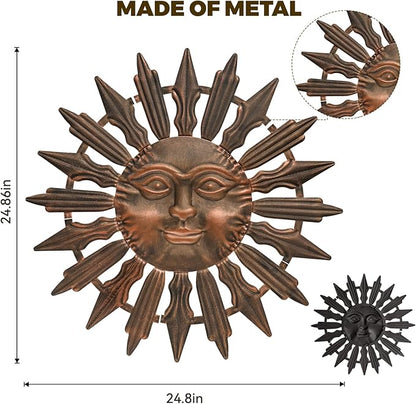 VESTCDF Metal Sun Wall Art Decor Outdoor Metal Wall Art Sun Outdoor,Large Wall Decorations for Garden, Sun Wall Art Metal Sun Face Art(Brown)