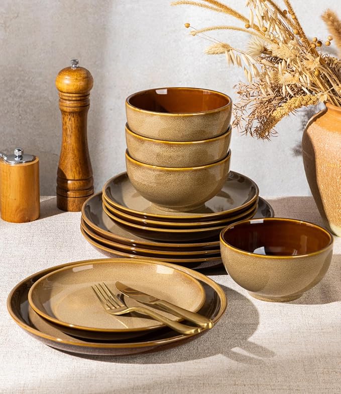 LERATIO Ceramic Dinnerware Sets for 4, 12 Pieces Ceramic Plates and Bowls Sets, Scratch Resistant Dish Set, Oven, Microwave & Dishwasher Safe- Chestnut