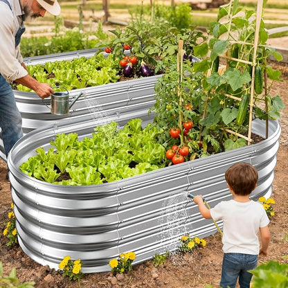 YSEJOMP 17" Tall Outdoor Garden Raised Garden Bed Kits, 4ft X 2ft Oval,0.8MM Thick Metal Raised Planter Bed/Ground Planter Box for Variety of Flowers,Herbs,Vegetables (Silver, 48X24X16.5 Inches)