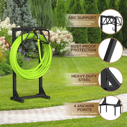 Garden Hose Holder Stand, Heavy Duty Freestanding Hose Holder Rack with 4 Spikes, Holds 150 ft, Outdoor Water Hose Holder for Yard Lawn Garden