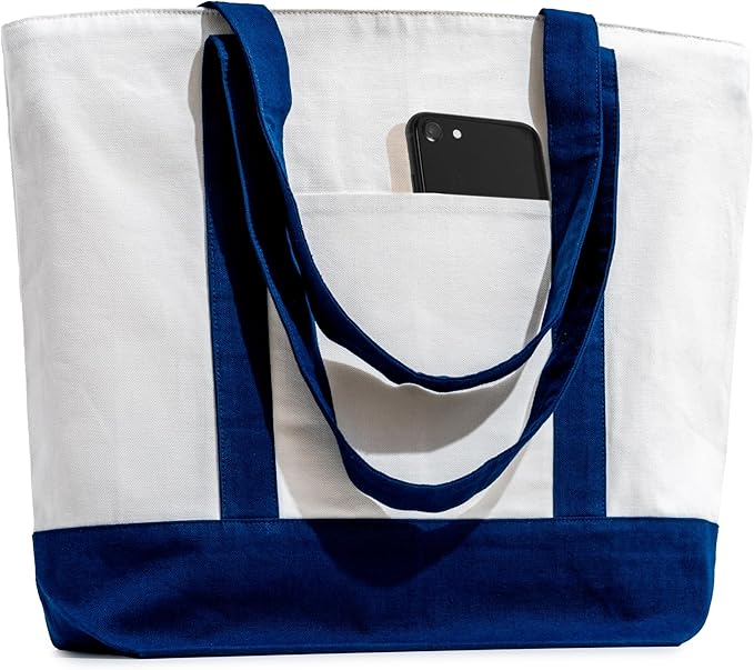 Carrywell (Not Made In China) Canvas Tote Bags with Zipper 6-Pack, 15"x 21", Heavy Duty Organic Cotton With Handles and Front Pocket, Reusable Shopping Totes