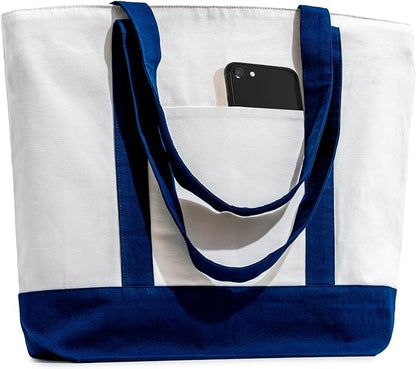 Carrywell (Not Made In China) Canvas Tote Bags with Zipper, 15"x 21", Heavy Duty Organic Cotton With Handles and Front Pocket, Reusable Shopping Totes
