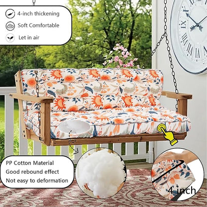 Porch Swing Cushion Three Seat, Waterproof Swing Cushions Replacement with Backrest, Outdoor Garden Furniture Patio 4" Thickened Cushions with Ties (‌Autumn Warmth‌, 40 x 63in)