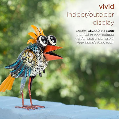 Alpine Corporation 11" Tall Outdoor Metal Wide-Eyed Bird Standing Yard Statue Decoration, Multicolor