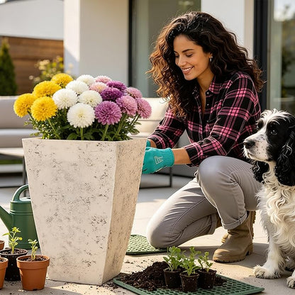 19" H Country White Square Planters for Outdoor Plants, Set of 2 Large Flower Pot with Drainage Hole, Weather-Resistant for Porch,Garden, Patio or Indoor Use