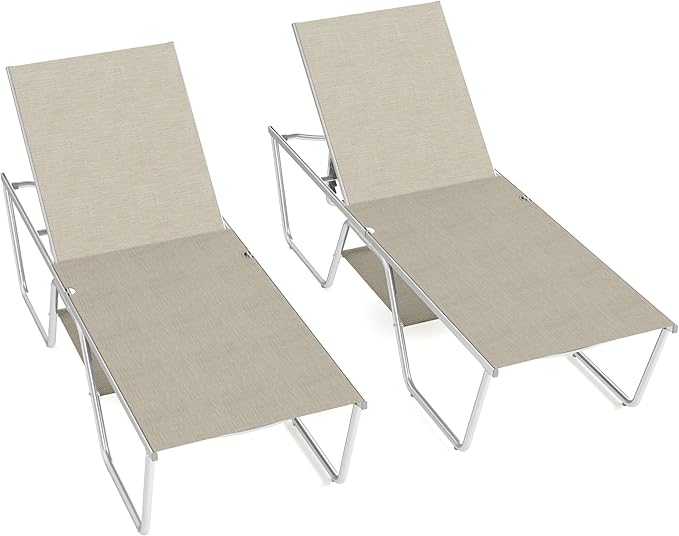 PHI VILLA 78“ Oversized Outdoor Chaise Lounge Chairs, Foldable & Assemble Patio Lounge Chair with 5 Adjustable Backrest for Outside Poolside Beach Pool, Set of 2, Beige