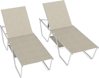 PHI VILLA 78“ Oversized Outdoor Chaise Lounge Chairs, Foldable & Assemble Patio Lounge Chair with 5 Adjustable Backrest for Outside Poolside Beach Pool, Set of 2, Beige