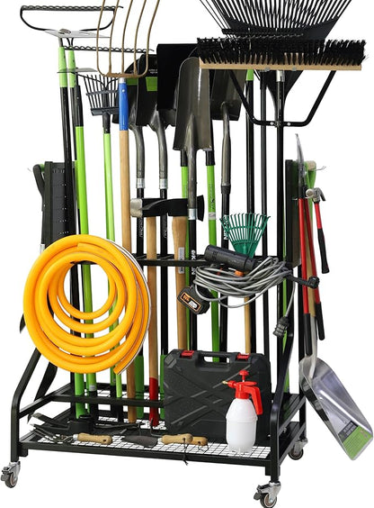 KYLIN Heavy Duty Garden Tool Organizer Rack on Wheels, 450 lbs Capacity with 4 Locking TPR Wheels, 55 lbs 0.059'' Steel Frame Mobile Garage Storage - No Nuts,No Bolts - Easy Assembly Utility Cart