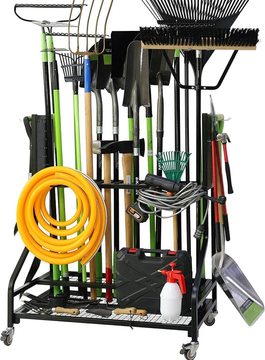 KYLIN Heavy Duty Garden Tool Organizer Rack on Wheels, 450 lbs Capacity with 4 Locking TPR Wheels, 55 lbs 0.059'' Steel Frame Mobile Garage Storage - No Nuts,No Bolts - Easy Assembly Utility Cart