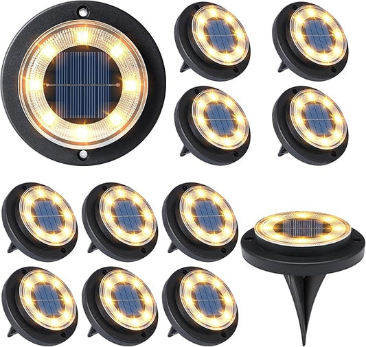 Flacchi Solar Lights Outdoor Waterproof - 2-in-1 Solar Powered Ground Lights Outdoor Solar Disk Light Landscape Light for Deck Step Patio Yard Pathway Walkway Driveway Garden (Warm White, 12 Pack)