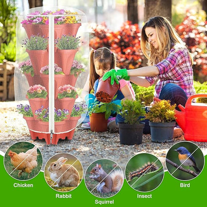 2 Pack Garden Vertical Planter Pot Insect Bird Netting,39.4" x 20" Stackable 5 Tier Strawberry Planter Pot Garden Mesh Plant Cover with Zipper for Outdoor Strawberry Herb Flower Protection