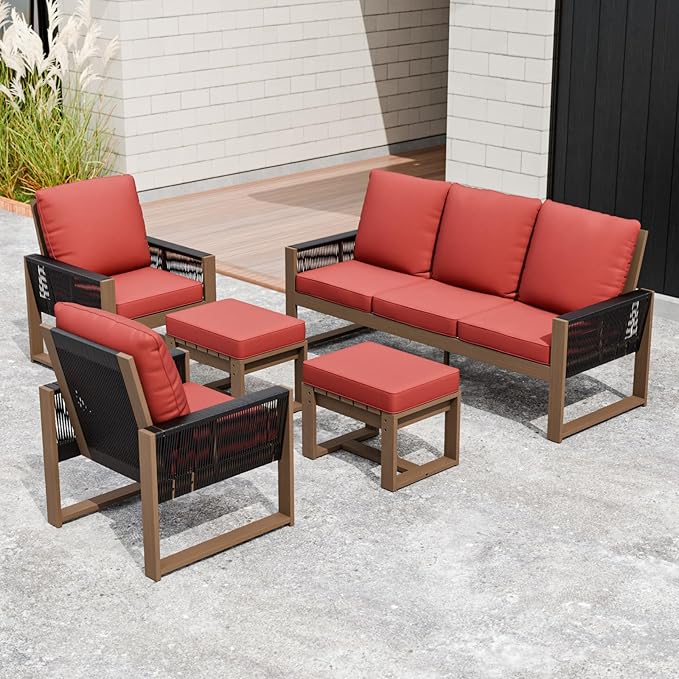 Rustic Hideaway Natural Cedar Wood Outdoor Furniture Set, Wicker Patio Conversation Set for Porch Garden Backyard, Couch, 2 Patio Chairs and 2 Ottomans, 5 Piece, Brownish/Red
