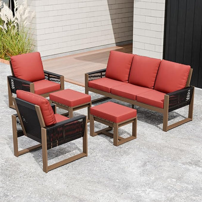 Rustic Hideaway Natural Cedar Wood Outdoor Furniture Set, Wicker Patio Conversation Set for Porch Garden Backyard, Couch, 2 Patio Chairs and 2 Ottomans, 5 Piece, Brownish/Red