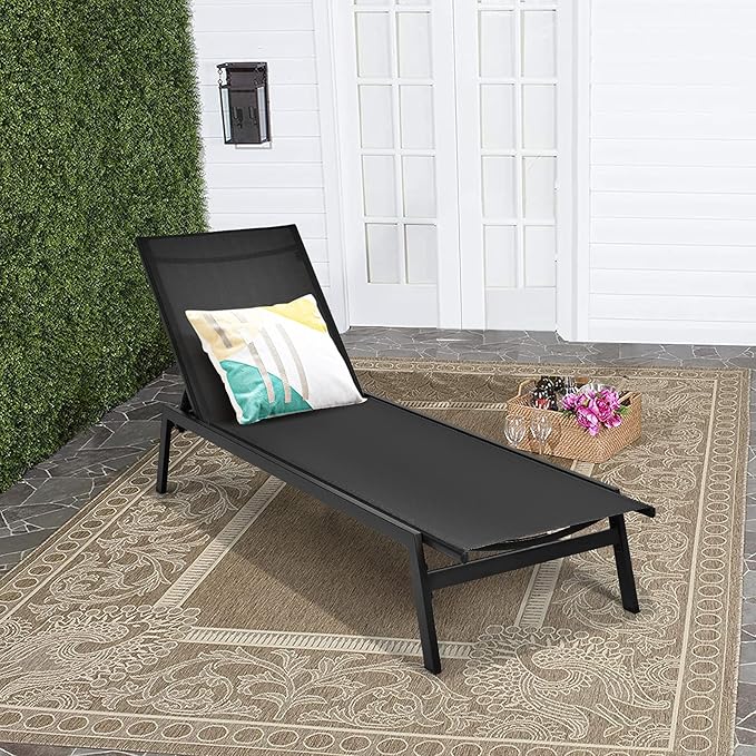 Tangkula 2 Pieces Outdoor Chaise Lounge Chair, 6-Position Adjustable Reclining Chair with Breathable Fabric and Heavy Duty Steel Frame, Patio Lounge Chair for Garden, Backyard and Poolside (2, Black)