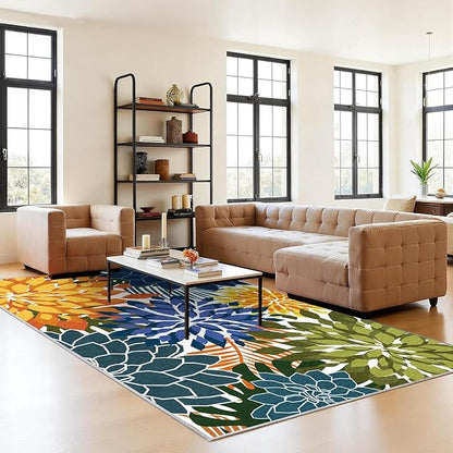 ZonLi Colorful Outdoor Rug 6x9Ft Waterproof Multicolored Indoor Area Rug Washable Outdoor Patio Rugs Tropical Floral Non Slip Outdoor Carpet for Living Room, Pool,Backyard,Deck,Camping