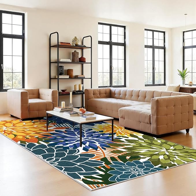 ZonLi Colorful Outdoor Rug 5x8Ft Waterproof Multicolored Indoor Area Rug Washable Outdoor Patio Rugs Tropical Floral Non Slip Outdoor Carpet for Living Room, Pool,Backyard,Deck,Camping