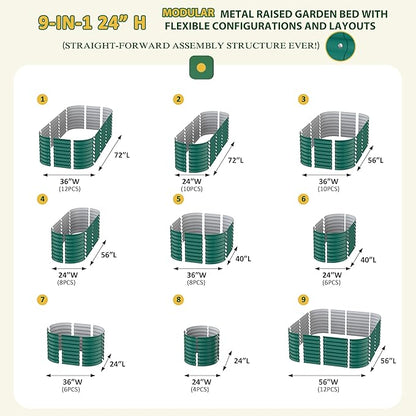 MUPATER 9-in-1 Galvanized Steel Planter Box, 24''H Modular Garden Bed Outdoor with 2 Aluminum Support Rods, 6x3x2FT Raised Garden Bed Kit Oval for Herbs, Vegetables and Flowers, Garden, Green