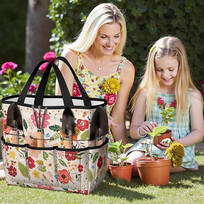 Boho Garden Tool Bag - Waterproof Floral Garden Tote with 8 Pockets, Large Storage Home Organizer Gardening Tool Oxford Bag for Garden Tools Kits Holder, Ideal Outdoor Gardening Gift for Women & Men