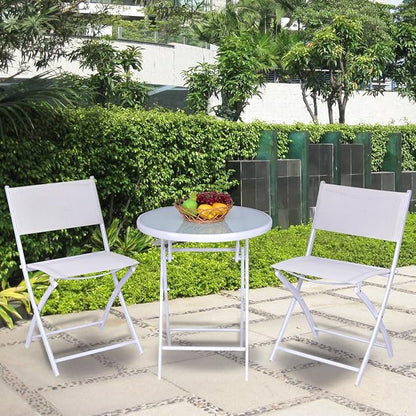 Giantex Bistro Table Set, 3 Piece Patio Bistro Set, Outdoor Folding Table and Chairs, Foldable Patio Dining Set, Porch Furniture Set Garden Backyard Metal Frame No Assembly, White
