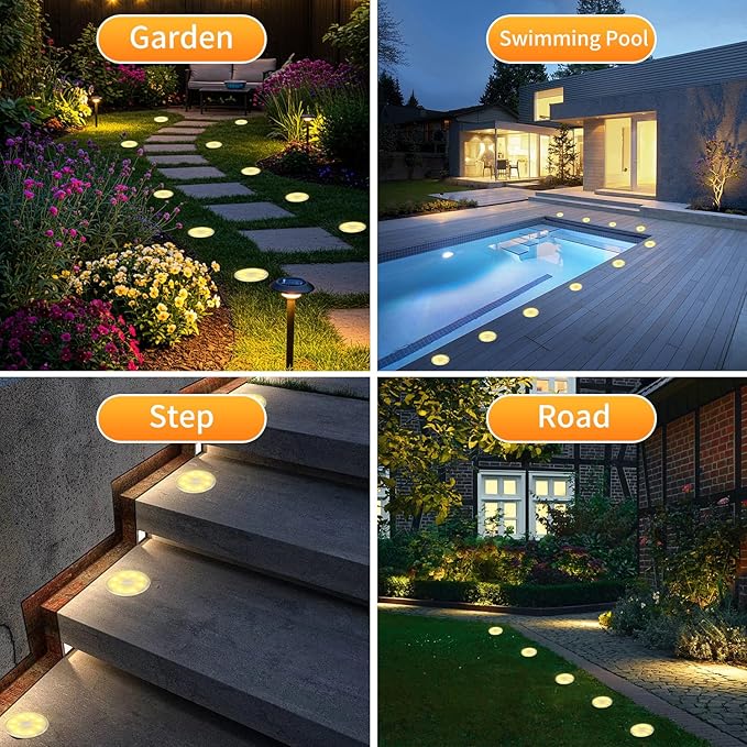 Ground Lights 12 Pack, IP68 Waterproof Solar Disc Lights for Outdoor, Flat Garden Light, In-Ground Light, Landscape Lighting for Pathway, Walkway, and Yard-12 Pcs (Warm White)