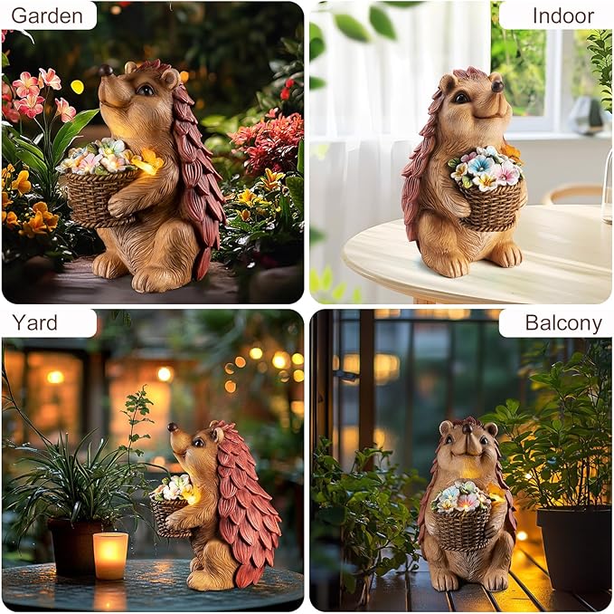 Solar Hedgehog Garden Statues Outdoor with Solar Lantern – Hedgehog Yard Decor, Waterproof Resin Figurine Pathway Light for Lawn & Patio