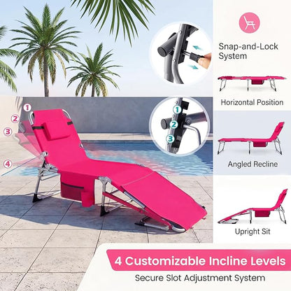 Giantex Tanning Chair, 330Lbs Patio Lounge Chair with 5 Adjustable Position, Face & Arm Hole, Hand/Shoulder Strap, Removable Pillow, Side Pocket, Chaise Lounger for Beach Sunbathing Outdoor, Pink