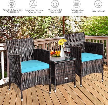 COSTWAY 3 PCS Patio Furniture Set, Outdoor Wicker Conversation Set with Tempered Glass Coffee Table, Seat Cushions, Rattan Wicker Chairs for Poolside Balcony Porch Backyard, Blue