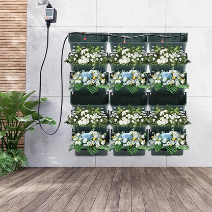 18 Pots Vertical Garden Planter, 6 Tiers Self-Watering Wall-Mounted Flower Pot Bags,Vertical Wall Planter w/Timer&18pcs Plant Pots, Hanging Planter Rack Balcony Planter for Herb (Green)